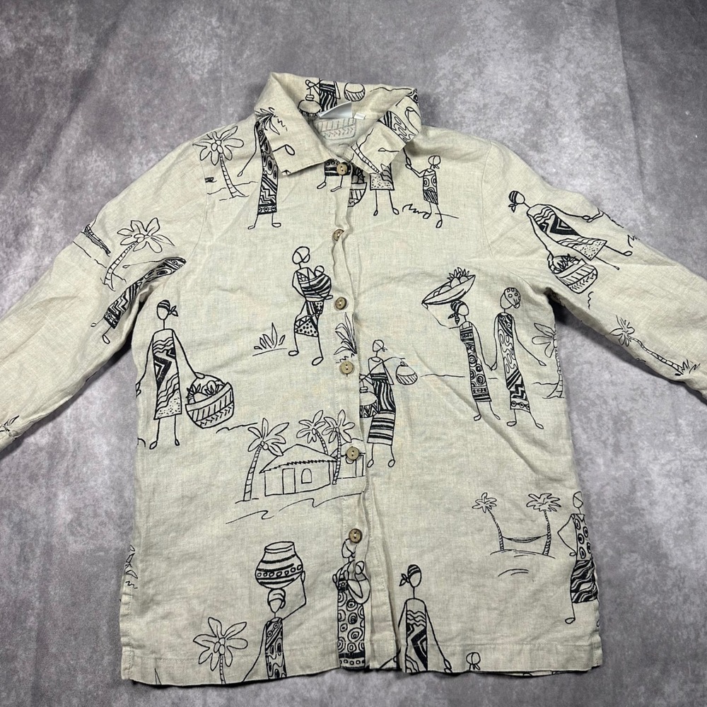 Vintage Hot Cotton Marc Ware Womens Small Beige Linen African Village Button Up - Picture 3 of 7